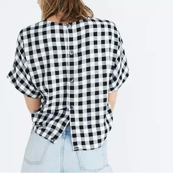 NWT Madewell Women’s Medium Black White Buffalo Check Short Sleeve Top Tie Front - Picture 2 of 8